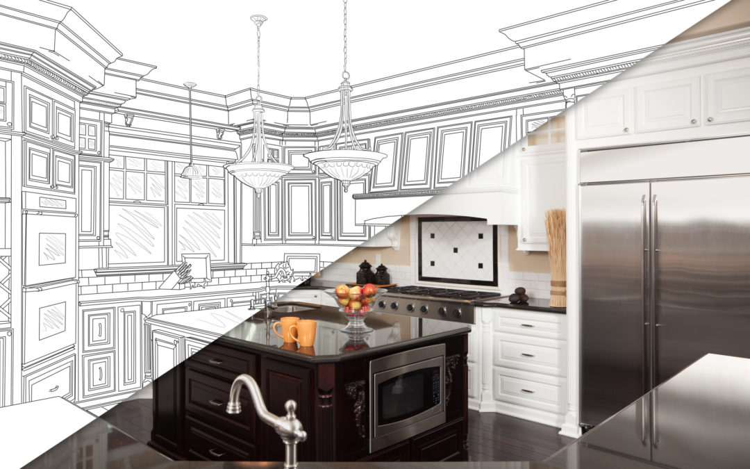 Diagonal Split Screen Of Drawing and Photo of Beautiful New Kitchen.
