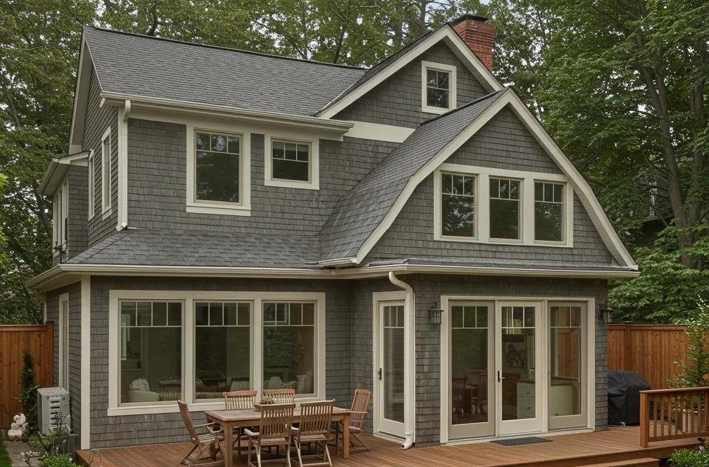 Two story gray shingle home addition with wood deck and outdoor dining set in Sammamish, WA.